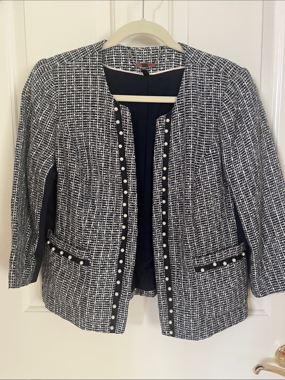 WHBM Open Front Tweed Pearl-Trim Jacket - Navy & White